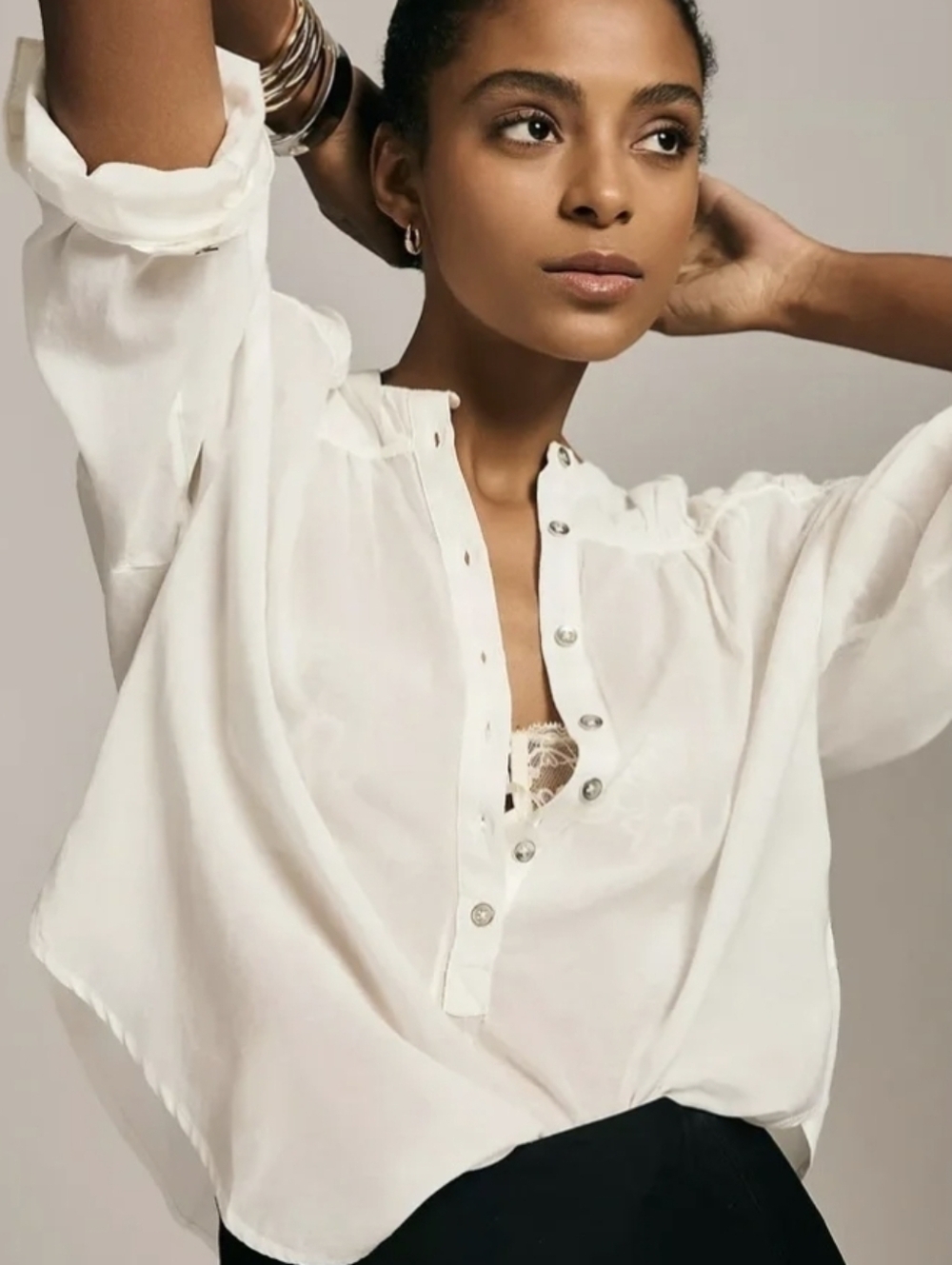 Lightweight White Women's Button Henley Blouse - Picture 3 of 16